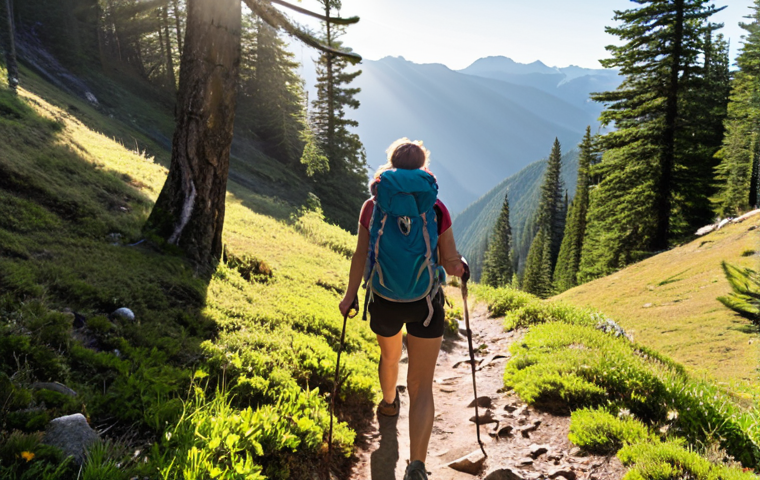 **Image Prompt:** A person hiking a scenic mountain trail, sunlight streaming through the trees, backpack on, with a determined but joyful expression, symbolizing intrinsic motivation and setting meaningful goals, bright and inspiring.