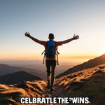 **

A person hiking up a mountain towards a sunrise, carrying a backpack. The sky is filled with motivational quotes subtly overlaid, such as "Embrace the Power of Yet" and "Celebrate Small Wins." The overall tone is inspiring and hopeful.

**