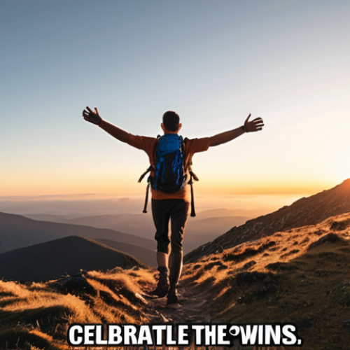 Home 6 **
A person hiking up a mountain towards a sunrise, carrying a backpack. The sky is filled with motivational quotes subtly overlaid, such as "Embrace the Power of Yet" and "Celebrate Small Wins." The overall tone is inspiring and hopeful.
**