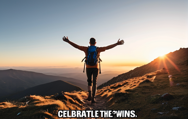 **
A person hiking up a mountain towards a sunrise, carrying a backpack. The sky is filled with motivational quotes subtly overlaid, such as "Embrace the Power of Yet" and "Celebrate Small Wins." The overall tone is inspiring and hopeful.
**