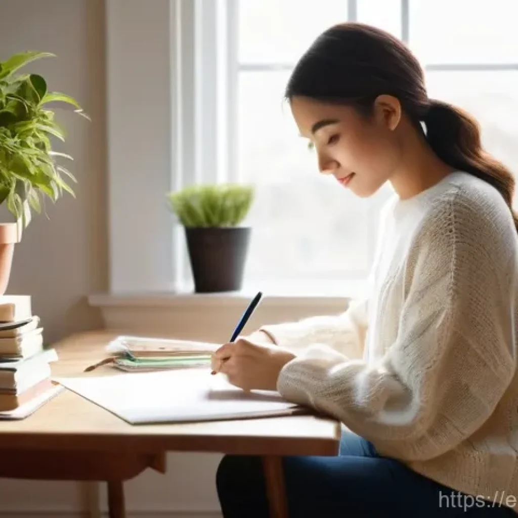 심리적 요인에 따른 동기부여 차이 분석 - **Prompt:** A young woman, appearing to be in her early twenties, sits at a wooden desk by a large s...