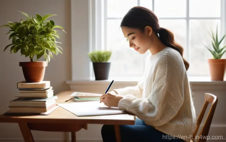 심리적 요인에 따른 동기부여 차이 분석 - **Prompt:** A young woman, appearing to be in her early twenties, sits at a wooden desk by a large s...