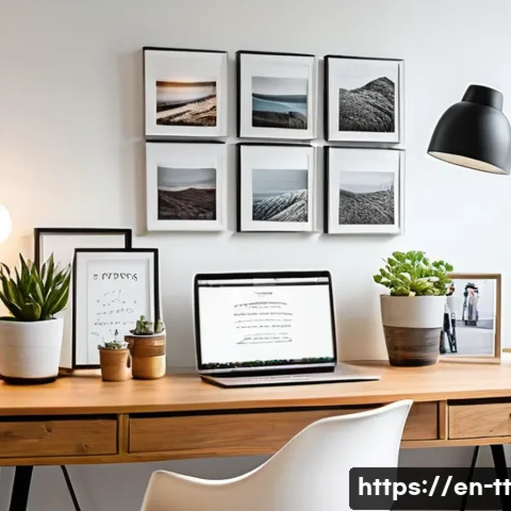 동기부여를 위한 긍정적 환경 조성하기 - A modern, bright home office workspace featuring a minimalist wooden desk with a neatly organized se...