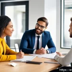 동기부여의 심리적 원리를 활용한 팀 관리 - A diverse professional team engaged in an open and authentic conversation around a modern office tab...