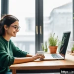 행동 과학에서의 동기부여 연구 - A modern, bright home office scene showing a young adult woman deeply focused on her laptop, surroun...